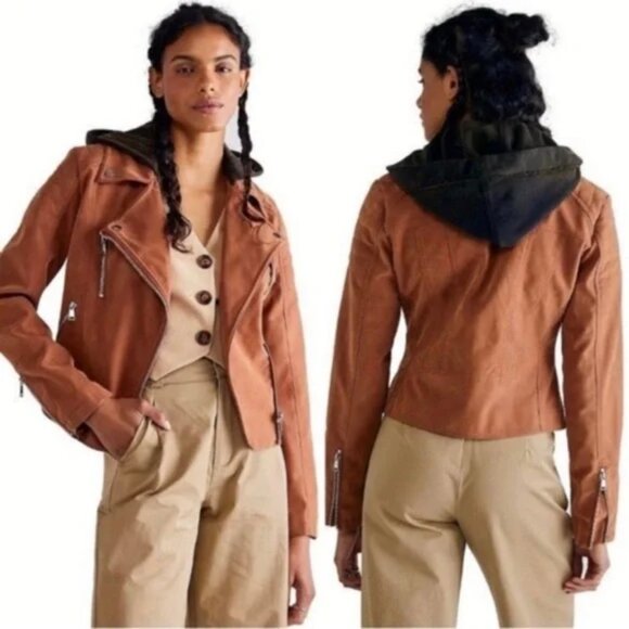 New FREE PEOPLE Suede Imitation Hooded Moto Jacket 593JS - Picture 1 of 4